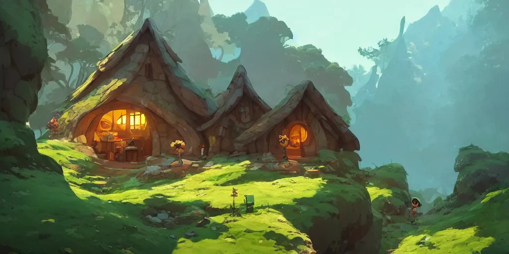 Image similar to magic hobbit mushrooms house in mountains, by cory loftis & akihiko yoshida & james gilleard & atey ghailan & makoto shinkai & goro fujita & studio ghibli, rim light, exquisite lighting, clear focus, magic atmosphere, very coherent, plain background, soft painting