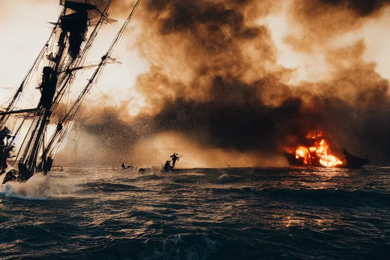 Image similar to closeup pirate couples running down beach as pirate ship fires canons, sand explosion by emmanuel lubezki