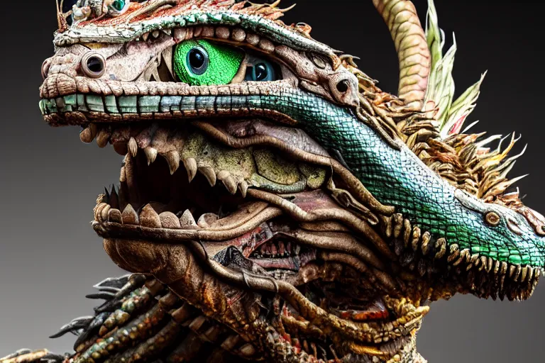 Image similar to photo taken of an epic intricate, ultra detailed, super realistic gritty, hero prop, exquisitely weathered animatronic movie prop of a lifelike sculpture of a quetzalcoatl dragon snake creature displayed in the workshop, created by weta workshop, full body shot, photorealistic, sharp focus