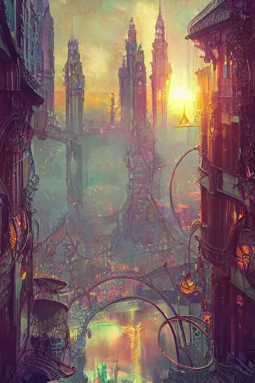 Prompt: city made out of fractured glass, art nouveau, bright colors, intricate, highly detailed, elegant, sun shining through, sharp focus, art by rembrandt, tom bagshaw, and quentin mabille, artstation