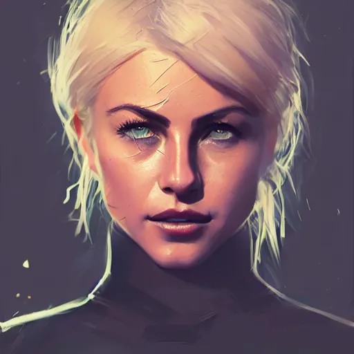 Image similar to portrait of julianne hough by greg rutkowski and wlop, a secret agent, wearing black shorts, wearing black boots, wearing a cropped top, blade runner, highly detailed portrait, digital painting, artstation, concept art, smooth, sharp focus ilustration, artstation, hq