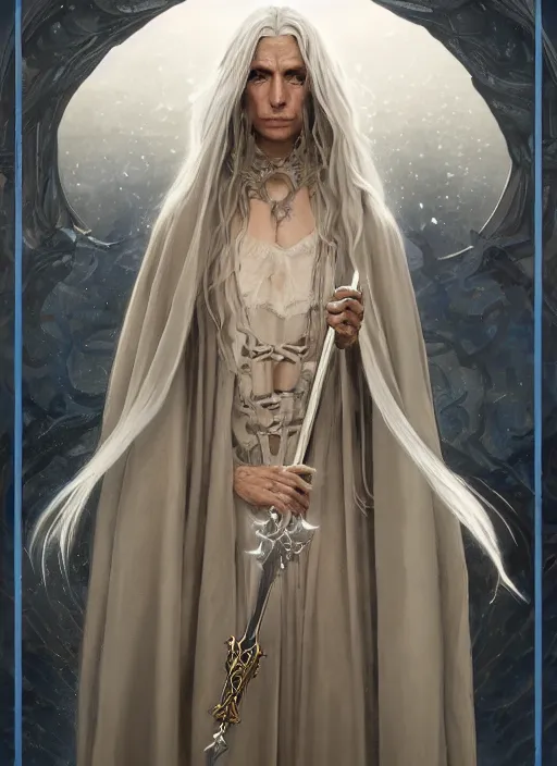 Image similar to medium - length portrait of a wizard, arcane sigils hovering over her hands, with long white hair and glowing blue eyes, dark brown skin, stern expression, wears a long robe, medieval setting, dramatic pose, highly detailed, digital painting, artstation, concept art, sharp focus, illustration, art by greg rutkowski and alphonse mucha