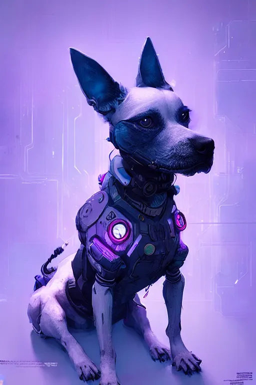 Image similar to a beautiful portrait of a cute cyberpunk dog by greg rutkowski and wlop, purple blue color scheme, high key lighting, volumetric light, digital art, highly detailed, fine detail, intricate, ornate, complex, octane render, unreal engine, photorealistic