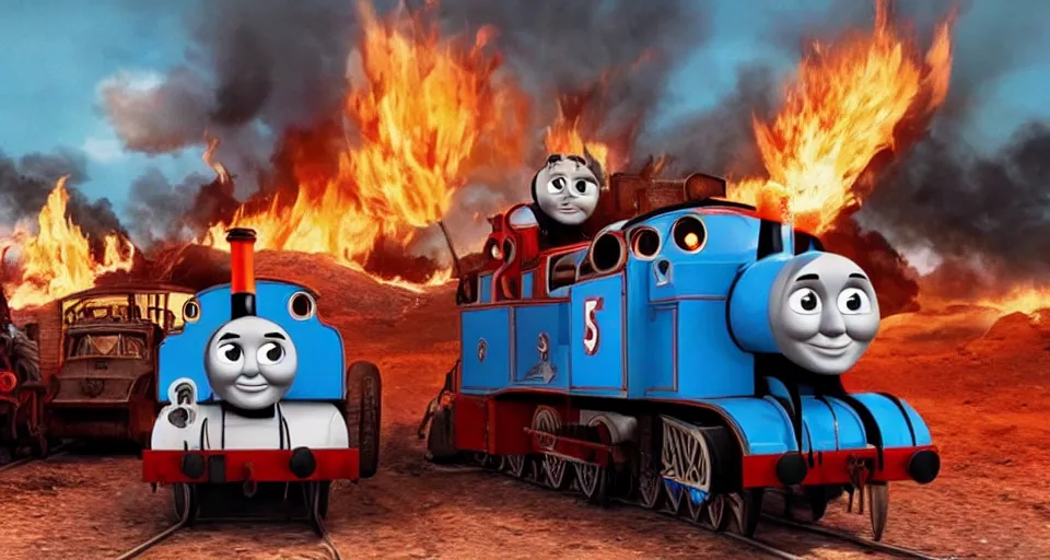 Image similar to Thomas the Tank Engine with fire in MAD MAX: FURY ROAD