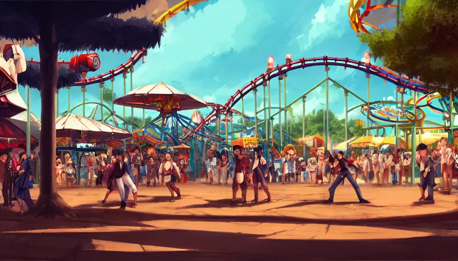 Image similar to concept art from a amusement park on a old civilization as a scenario background of kof snk 2 0 0 0 by jama jurabaev, cel shaded, cinematic shot, trending on artstation, high quality, brush stroke, amusement park on a old civilization