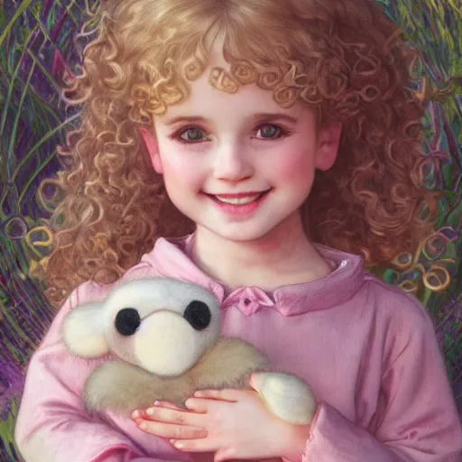 Prompt: a beautiful smiling little [[[[[[blonde toddler]]]]]] girl with short loosely curly hair, at the park on a beautiful day, holding a round all-pink stuffed penguin, by Artgerm, Mucha Klimt, Hiroshi Yoshida and Craig Mullins, featured on Artstation, CGSociety, Behance HD, Deviantart