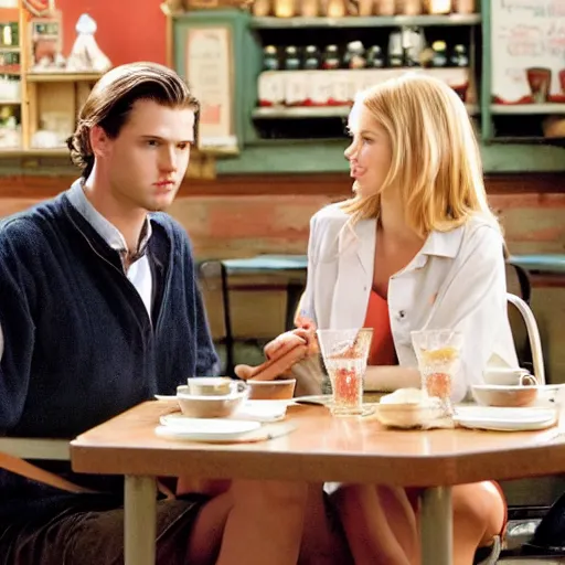 Prompt: 00s photo of a tall guy with dark blond bun (hairstyle) dating a blond girl in an old restaurant, Gilmore girls aesthetic