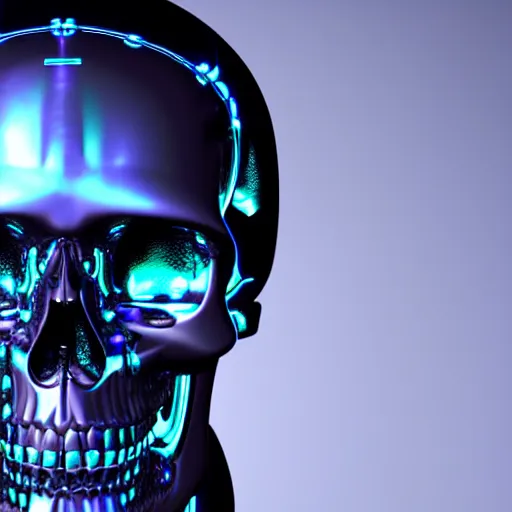 Image similar to a human skull with cybernetic hardware wrapped around it