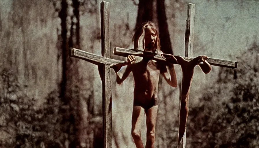 Image similar to 7 0 s film still from a horror movie about crucified children, kodachrome, cinecolor, cinestill, film grain, film texture, retro, cinematic, high resolution, photorealism,