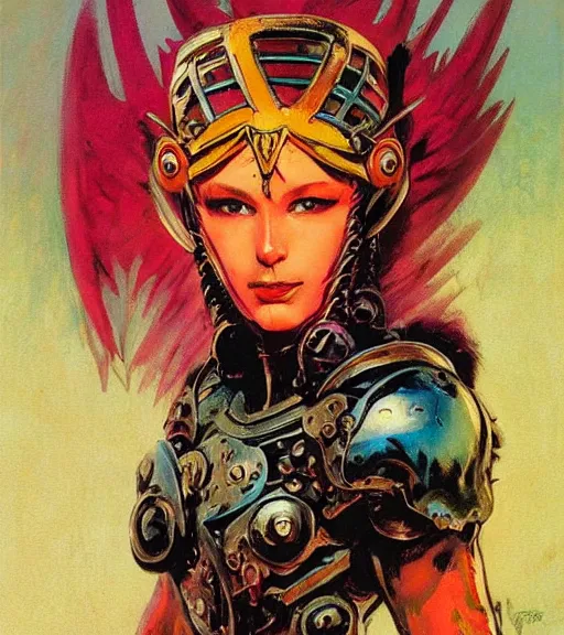 Image similar to portrait of strong female chaos angel, beautiful! coherent! by frank frazetta, by brom, strong line, vivid neon color, spiked metal armor, iron helmet maximalist