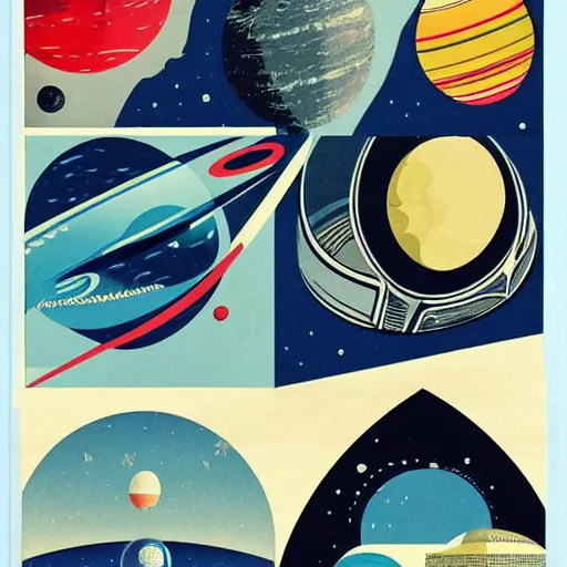 Image similar to A collage of Space Travel, mid-century modern, made of random shapes cut from magazines