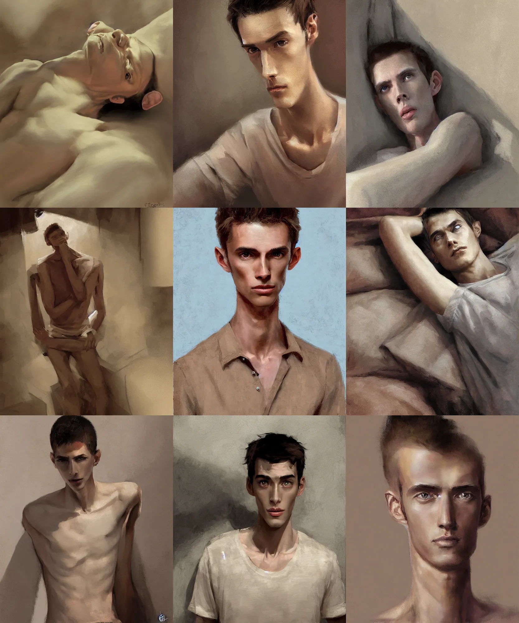 Prompt: zenith angle perspective view digital art painting of a young skinny gaunt guy, wearing a casual shirt, eyes open, neutral face expression, lying on a humble unmade bed painted by craig mullins and gaston bussiere and greg rutkowski, symmetrical face, defined facial features, symmetrical facial features, soft warm lighting