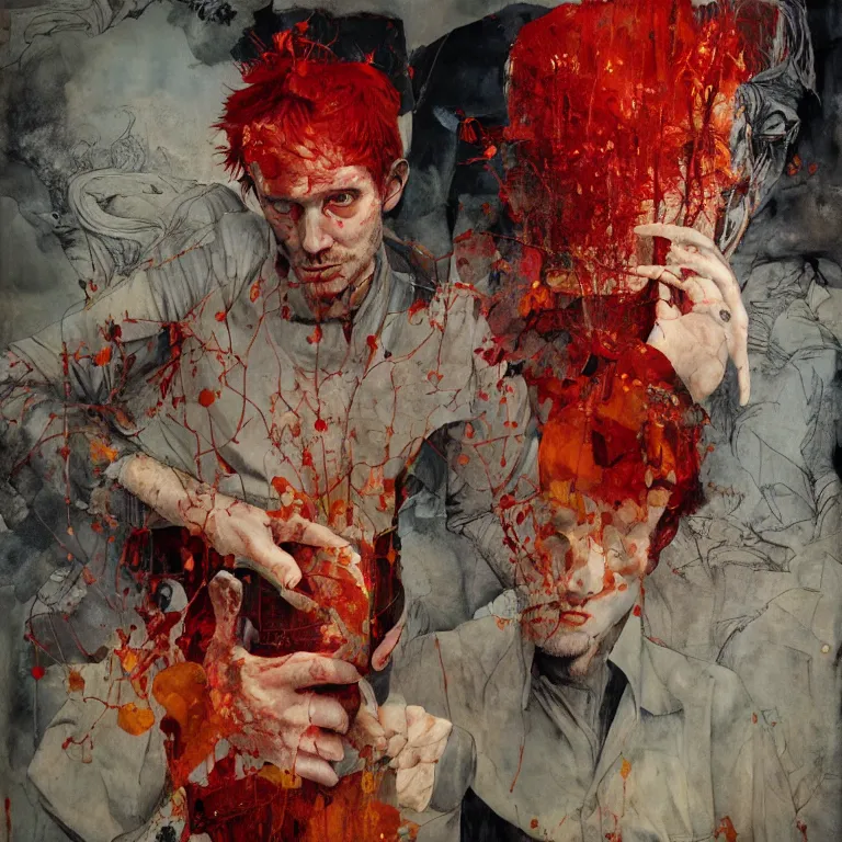 Prompt: the red haired cider king makes his cider, oil on canvas, surreal, by dave mckean, by conrad roset, by jake parker, by antonio segura donat, sharp focus