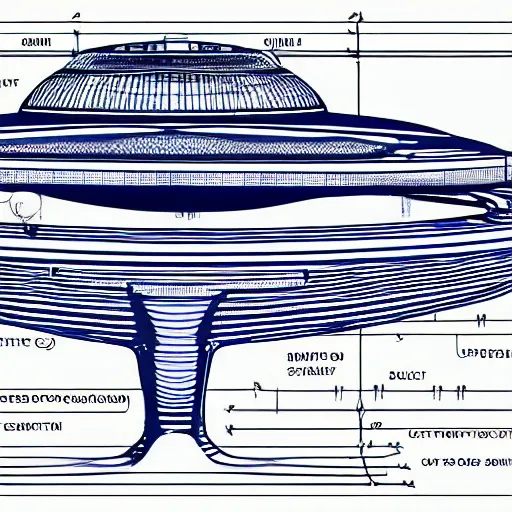 Image similar to a detailed blueprint of an advanced UFO spacecraft, blue lines, high contrast