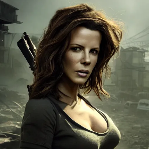 Image similar to fallout 5, charismatic beautiful rugged young kate beckinsale with katana, portrait, outdoors ruined cityscape, atmospheric lighting, painted, intricate, volumetric lighting, beautiful, daytime, sunny weather, slight overcast, sharp focus, deep colours, ultra detailed, by leesha hannigan, ross tran, thierry doizon, kai carpenter, ignacio fernandez rios