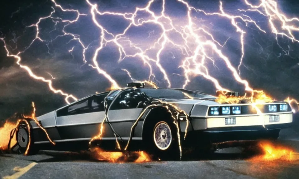 Prompt: scene from back to the future, delorean driving fast, lightning, fire, driving through portal