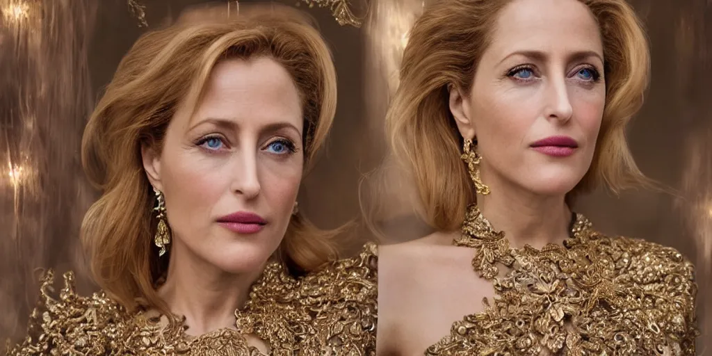 Prompt: gorgeously dreamlike beautiful face Gillian Anderson, hair updo, balayage, natural make-up, luxurious ornate golden jewelry, earrings, low cut dress, dynamic lighting, award winning photo shoot, intricately detailed, glimmering, shining, photo realistic, cinematic, volumetric lighting, fashion portrait, 8K UHD