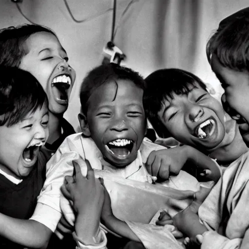 Prompt: A group of children laughing while performing open heart surgery, photograph