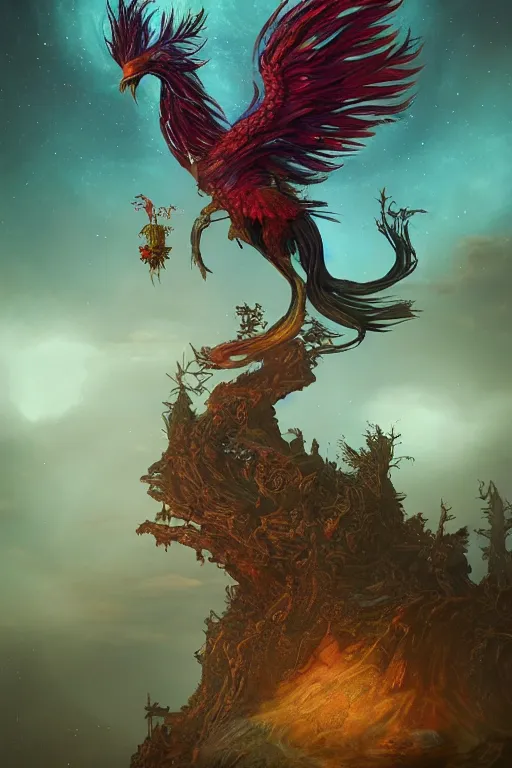 Image similar to phoenix rising from the ashes alexander jansson : 1 | centered, psychedelic, colorful, matte background : 0. 9 | by jim henson : 0. 7 | dave melvin : 0. 4 | unreal engine, deviantart, artstation, octane, finalrender, concept art, hd, 8 k resolution : 0. 8