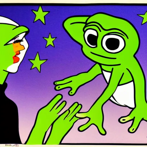 Prompt: ufo abducting pepe the frog from pasture, summer night by patrick nagel.