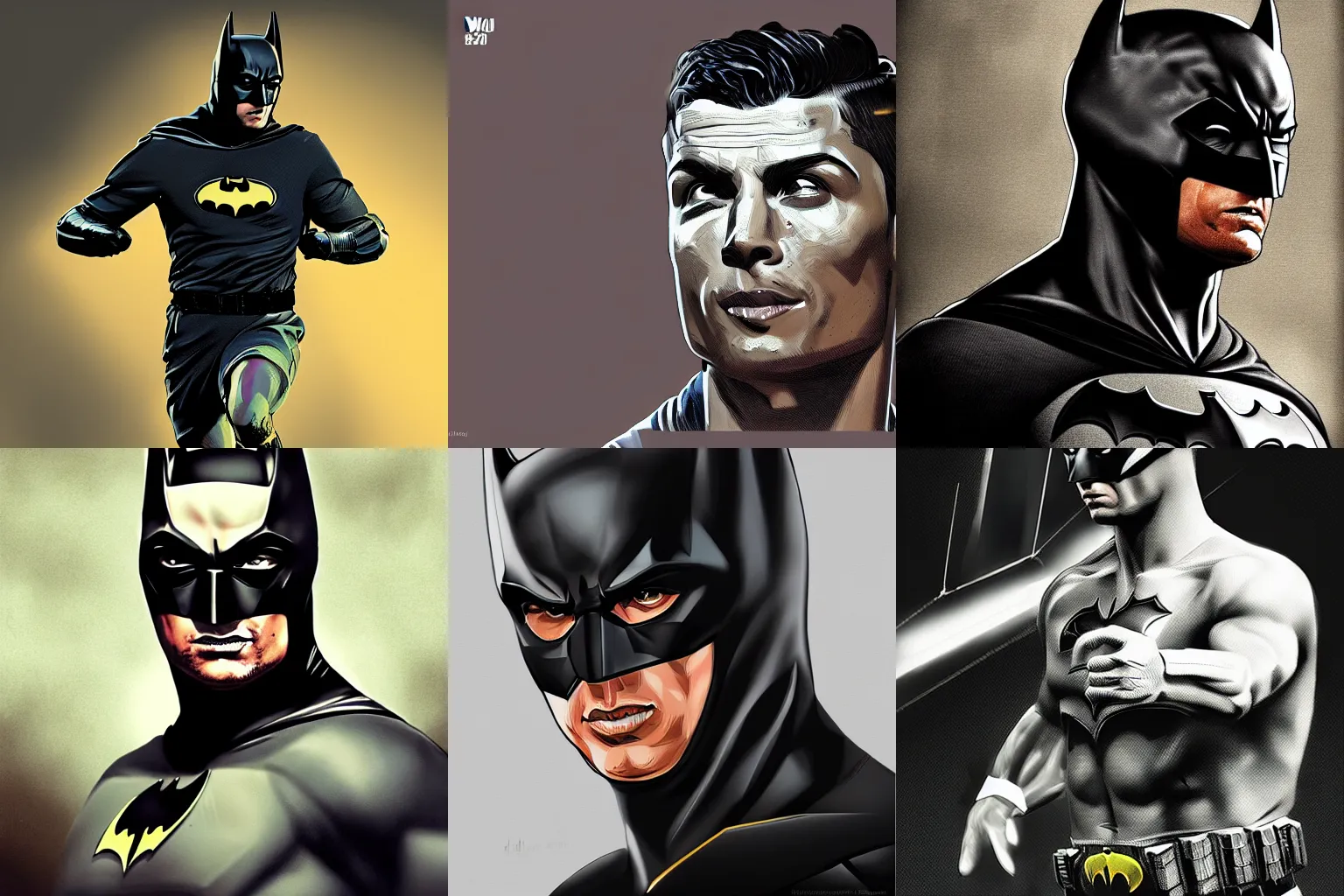 Prompt: Cristiano Ronaldo as Batman, highly detailed digital painting, artstation, concept art, smooth, clear focus, illustration, Vermeer works