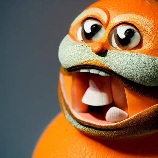 Prompt: a taxidermized annoying orange, in a museum, 8 5 mm lens, 7 0 mm entrance pupil diameter