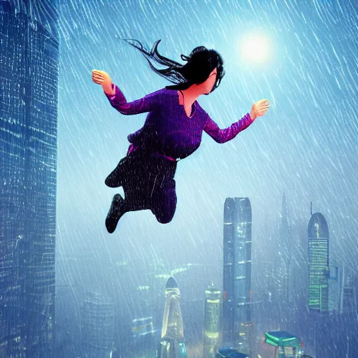 Prompt: a girl flying upon shanghai lujiazui in the night, cityscape, rain, artstation, 8 k