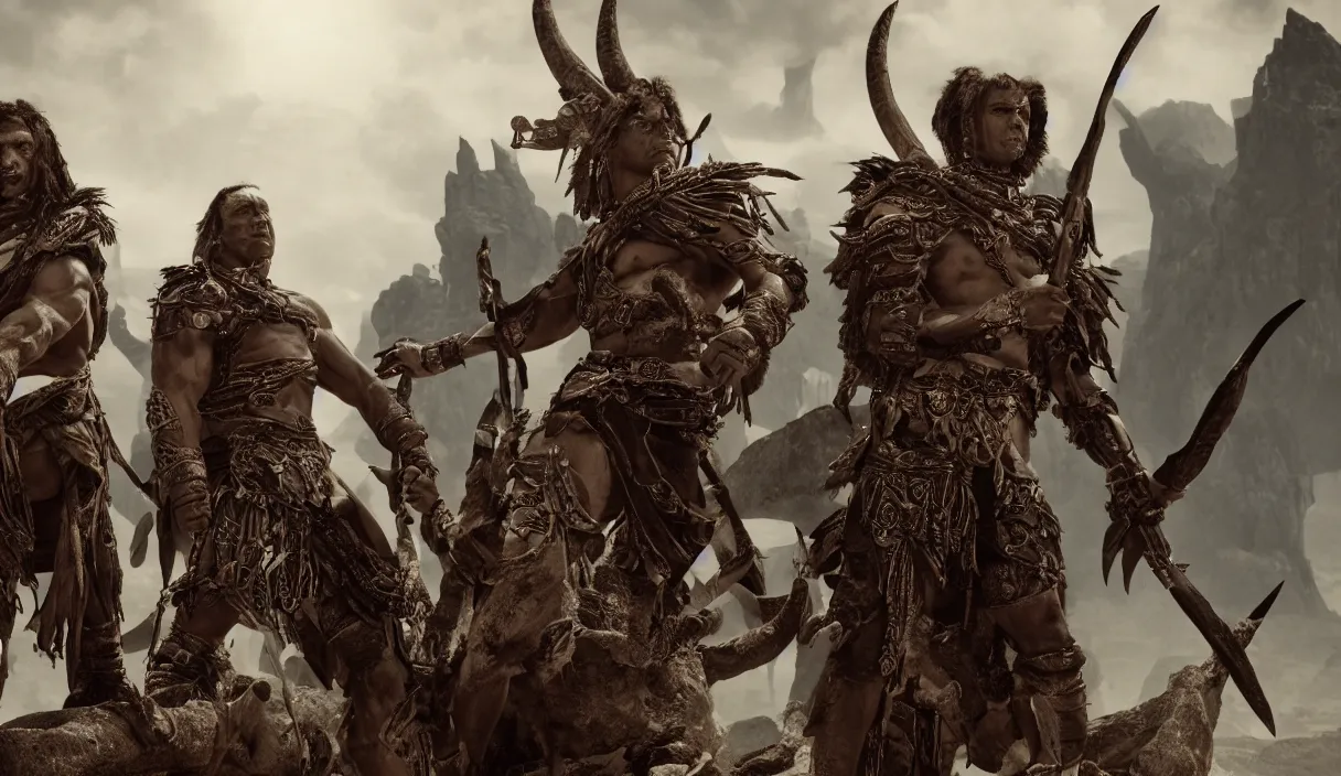 Prompt: two ancient tribesman with futuristic weapons standing in front of barbarian horde, handsome symmetrical faces, muscular bodies, dramatic lighting, cinematic, establishing shot, extremely high detail, photorealistic, 300 the movie,monster hunter the movie, monster hunter, cinematic lighting, artstation, octane render, western,old photo, vintage