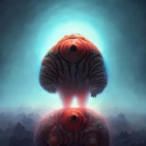 Image similar to fractal tardigrade!!! terror and horror painting tardigrade!!! descending onto an apocalyptic earth, by greg rutkowski and studio ghibli, inspired by zdzisław beksinski, cinematic, atmospheric, dramatic colors, dawn.