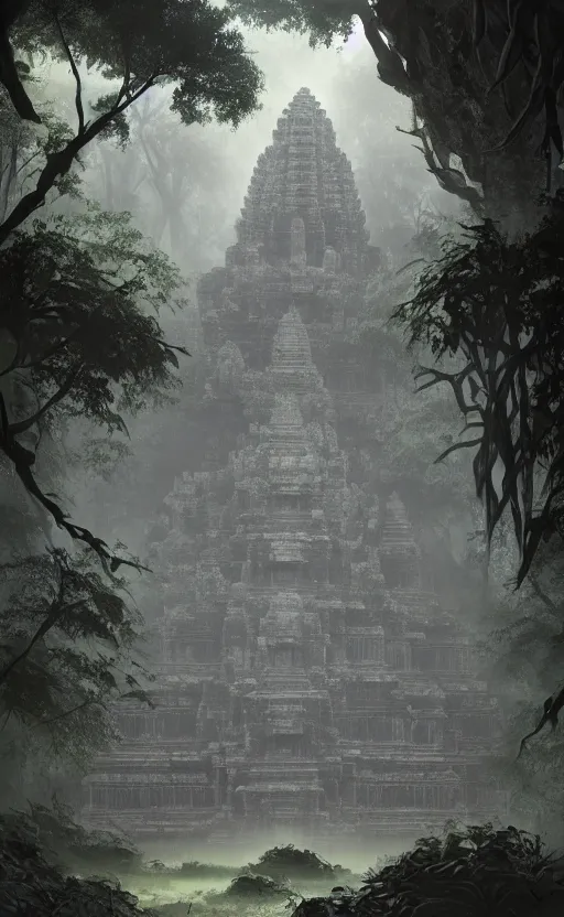 Prompt: khmer temple ruin in a dark dense jungle, soft grey and blue natural light, intricate, digital painting, artstation, concept art, smooth, sharp focus, illustration, art by greg rutkowski and luis rollo and uang guangjian and gil elvgren, symmetry!