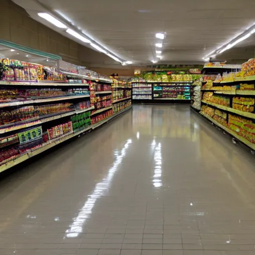 Image similar to photo of a grocery store interior, the aisles is flooded with two meters deep water. eerie, volumetric lighting.