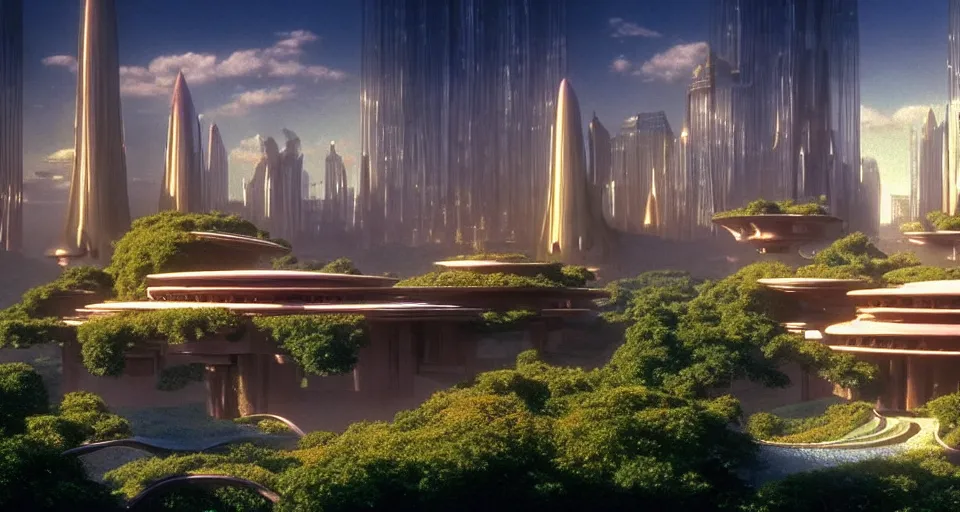 Image similar to An incredibly beautiful establishing shot from a 2020 film featuring utopian fantasy city designed by Frank Lloyd Wright. Very detailed, photorealistic effects.