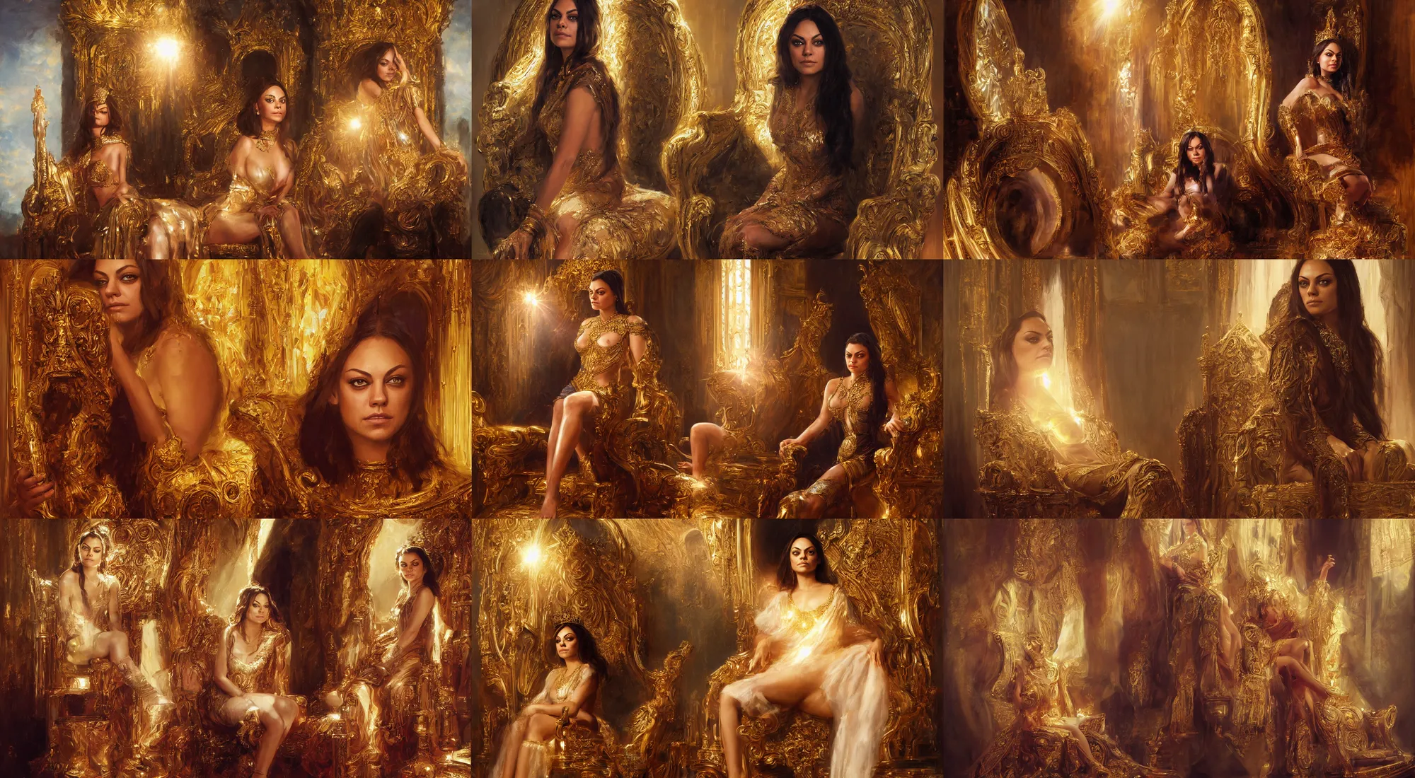 Prompt: portrait of queen mila kunis sitting on her throne smiling, intricate, gold glow, sun - rays, low angle, ilya kuvshinov, rossdraw, daniel f. gerhartz,