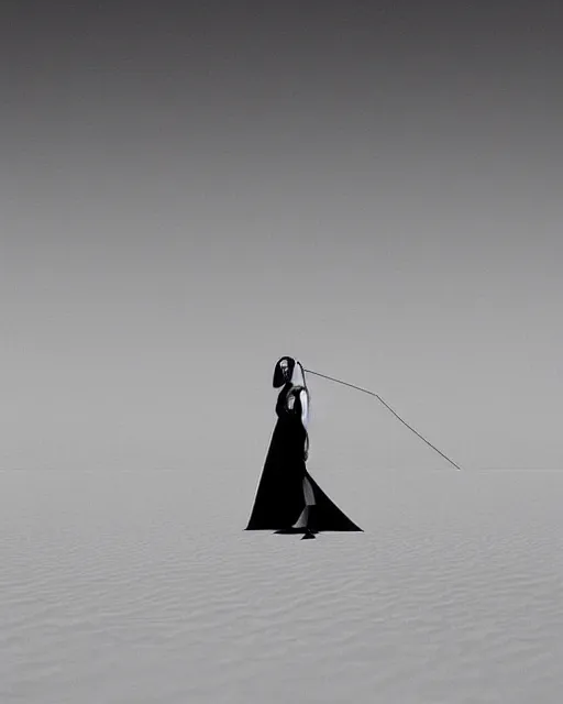 Prompt: standing in an abstract desert dunes criss-crossed with razor-thin lasers and threads, a young beautiful elegant blindfolded fashion model woman wearing posing in a splendid shiny metallic party dress, face and eyes obscured by a floating mid-air laserbeams and geometry