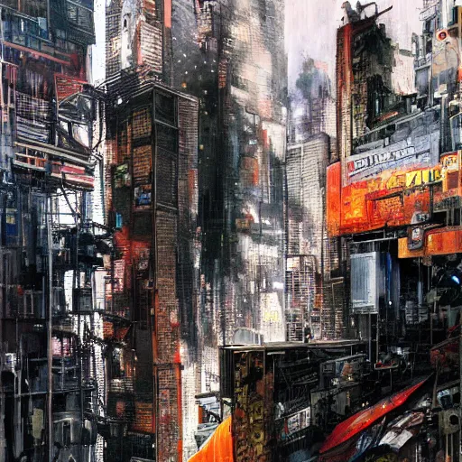 Prompt: a full-metal neon robot sobs when seeing the devastation of cyberpunk Santiago of Chile, oil on canvas by Yoji Shinkawa and Dave McKean