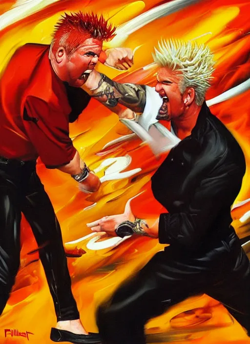 Prompt: 'guy fieri brawling with gordon ramsay, painting by phil hale, 'action lines'!!!, graphic style, visible brushstrokes, motion blur, blurry