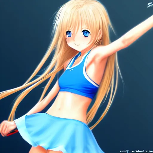Image similar to a very beautiful young anime tennis girl, long blond hair, sky blue eyes, full round face, short smile, bikini, miniskirt, highly detailed, cinematic wallpaper by stanley artgerm lau