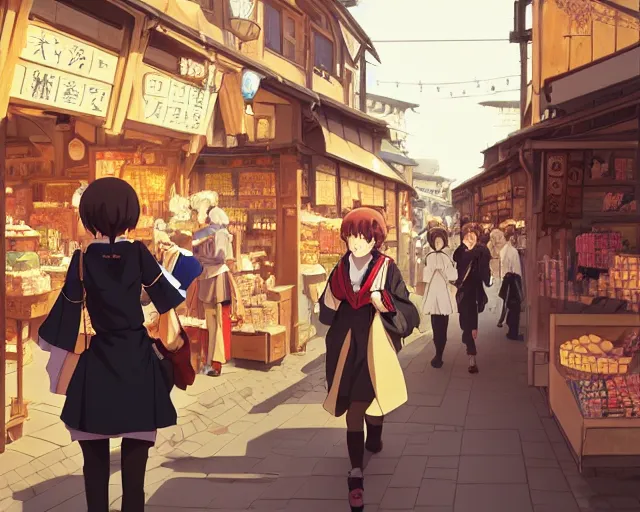 Prompt: anime visual, portrait of a young female traveler in an open medieval market shopping, cute face by yoh yoshinari, katsura masakazu, dynamic pose, dynamic perspective, strong silhouette, anime cels, ilya kuvshinov, cel shaded, crisp and sharp, rounded eyes, moody