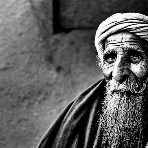 Image similar to black and white photo, portrait of 80 year old afghan man by Joey Lawrence, realistic, Leica, medium format, cinematic lighting, parallax, high resolution,