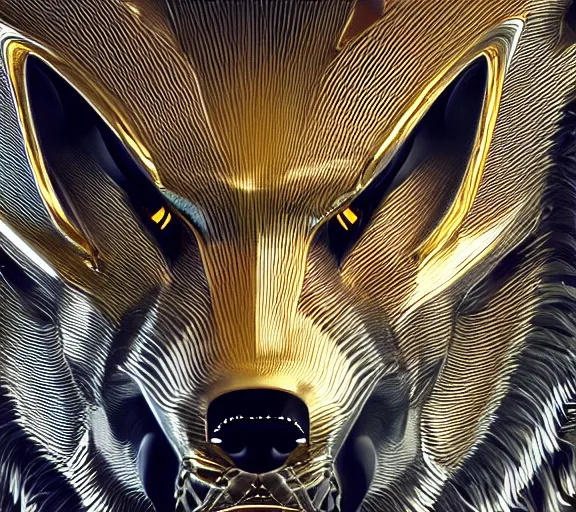 Image similar to chrome and gold wolf, glossy, metallic, neon, symmetrical, tribal patterns, realistic, unreal engine, octane, redshift, artstation, behance