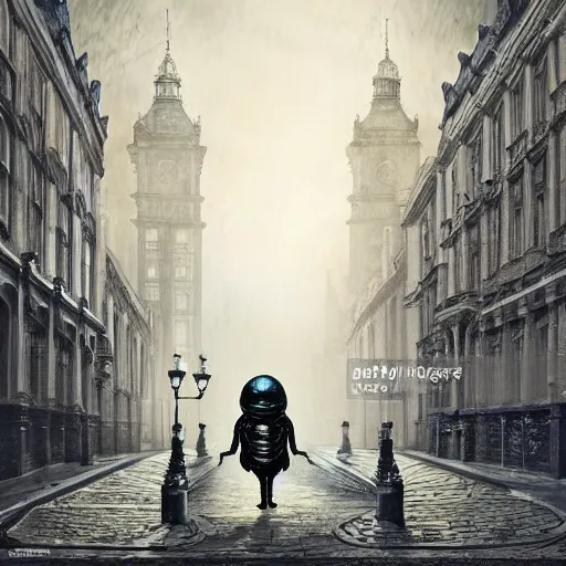 Prompt: terrifying alien creature walking through the center of old london city late at night, lamp lit street, oil painting, gloomy misty atmosphere, symmetrical, full body image, highly ornate intricate details, very sharp photo,