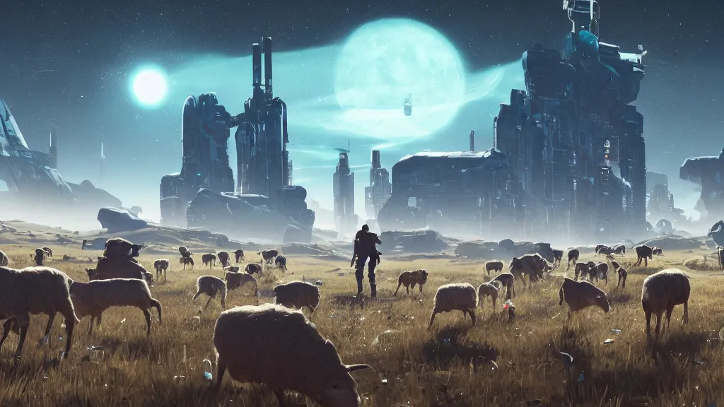 Image similar to Cyberpunk cowboys herding sheep in a No Man's Sky landscape