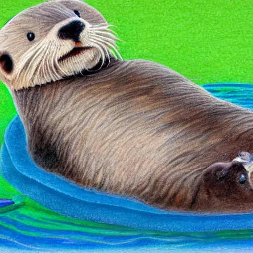 Prompt: fluffy baby sea otter lying on it's back playing with a butterfly while floating on gentle ocean waves, detailed color pencil drawing 4 k