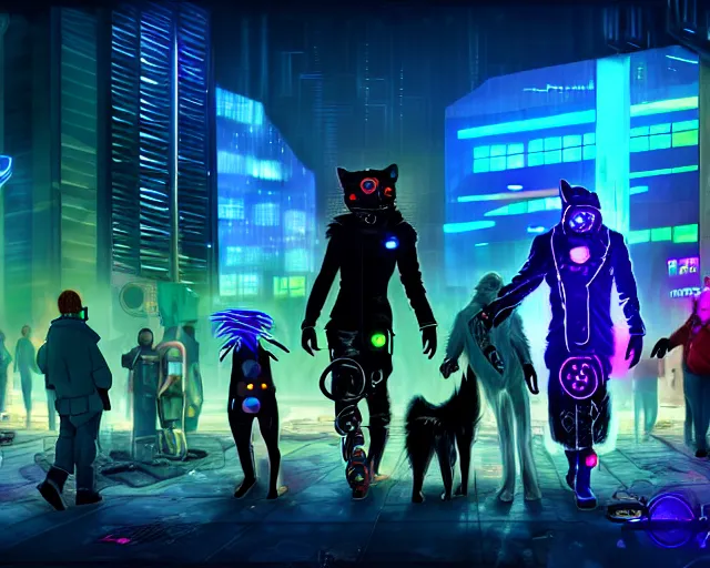 Image similar to high - resolution photograph from a cyberpunk era furry fandom convention ( midwest furfest 2 0 4 7 ), taking place after the genetic revolution and quantum singularity. photorealistic.