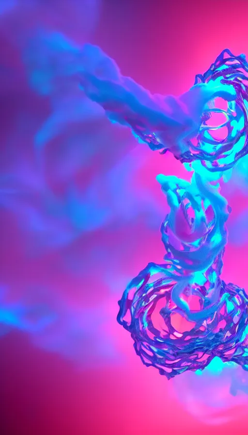 Image similar to 8 k uhd houdini recursive dna structure, background radiant swirling smoke wisps, dreamy colors, magical volumetric lighting, 1 8 mm lens