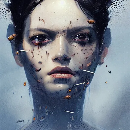 Image similar to portrait of a woman with black hair and insects coming out of her skin, trypophobia dramatic lighting, illustration by Greg rutkowski, yoji shinkawa, 4k, digital art, concept art, trending on artstation