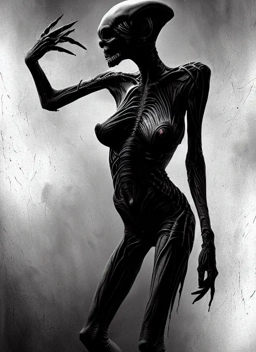 Image similar to ultra realist black and white horror painting of a dimly lit attractive alien female and hellish creature together, very intricate details, focus, curvy figure, model pose, full frame image, artstyle hiraku tanaka and craig mullins, award winning
