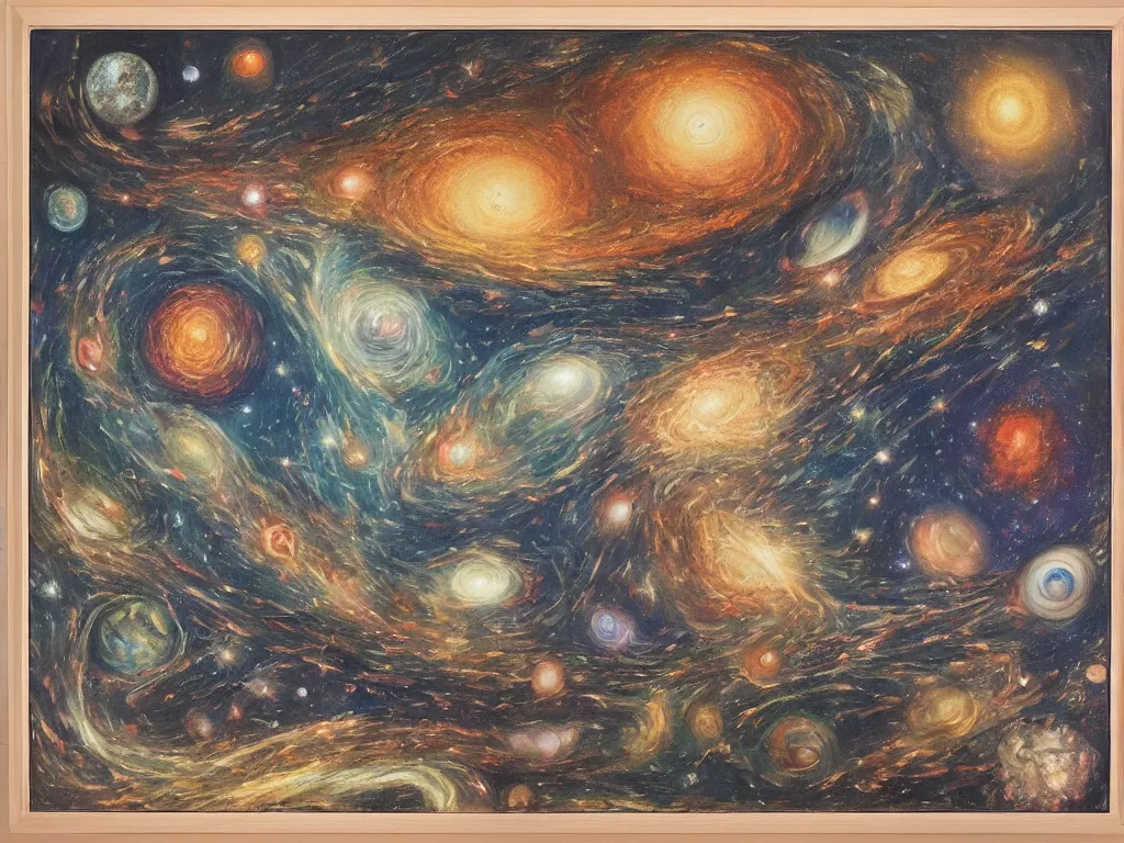 Image similar to the entire history of the Universe in all 4 dimensions depicted as a painting in a museum