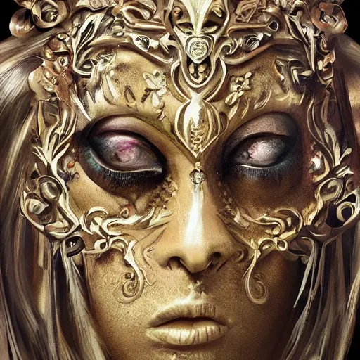Prompt: Very very very very highly detailed epic photo of face with beautiful ornamental venetian mask, intricate, dystopian, sci-fi, extremely detailed, digital painting, artstation, concept art, smooth, sharp focus, illustration, intimidating lighting, incredible art by Artgerm and Vincent di Fate and Anton Pieck