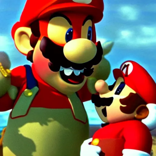 Image similar to cg film still of bowser eating mario in the Mario bros movie